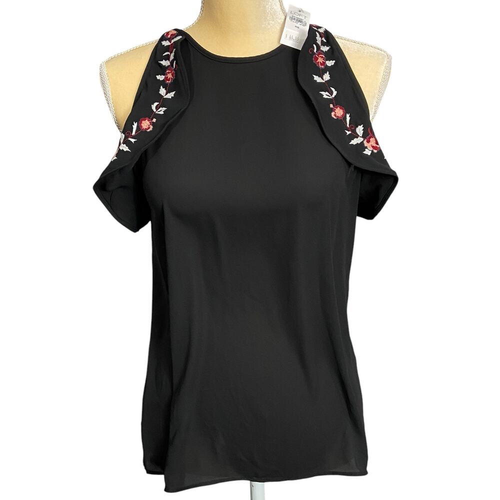 LOFT Flower Embroided Tank Sleeveless Top Womens M Ruffle Armhole Black